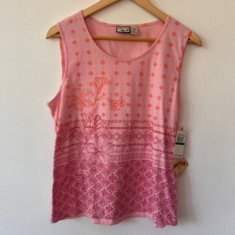Caribbean Joe Tank Top Womens L Pink Floral Cotton Sleeveless Tropical Boho NWT